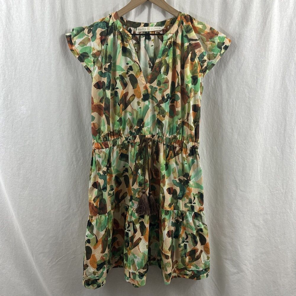 Marie Oliver Libba Jungle Print Tassel Elastic Waist Ruffle Hem Dress Womens L